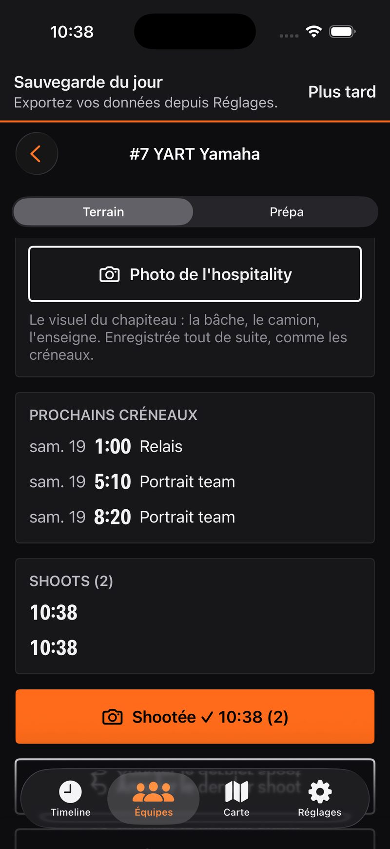 L'historique des shoots d'une équipe, une liste d'heures
