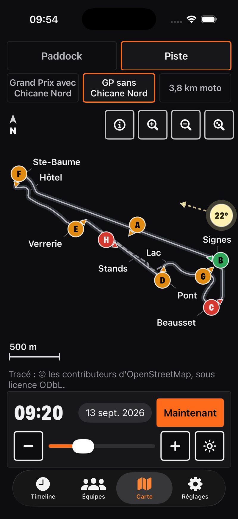 La configuration du Bol d'Or : le Grand Prix sans la chicane, Bendor par le contournement, douze postes