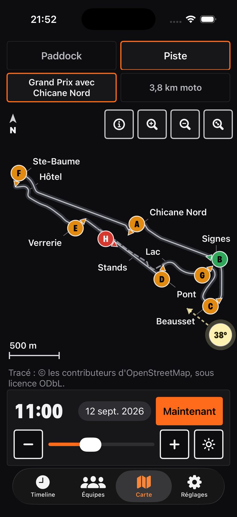 La vue Piste : le tracé du Paul Ricard, ses virages nommés, les postes photo colorés selon la lumière